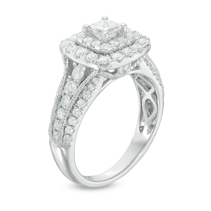 Main Image 2 of Previously Owned - 1-1/2 CT. T.W. Princess-Cut Diamond Double Frame Vintage-Style Engagement Ring in 14K White Gold