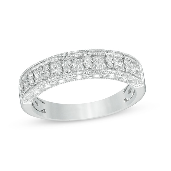 Previously Owned - 1/2 CT. T.w. Princess-Cut and Round Diamond Alternating Wedding Band in 14K White Gold