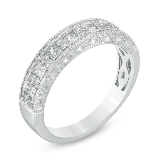 Previously Owned - 1/2 CT. T.w. Princess-Cut and Round Diamond Alternating Wedding Band in 14K White Gold