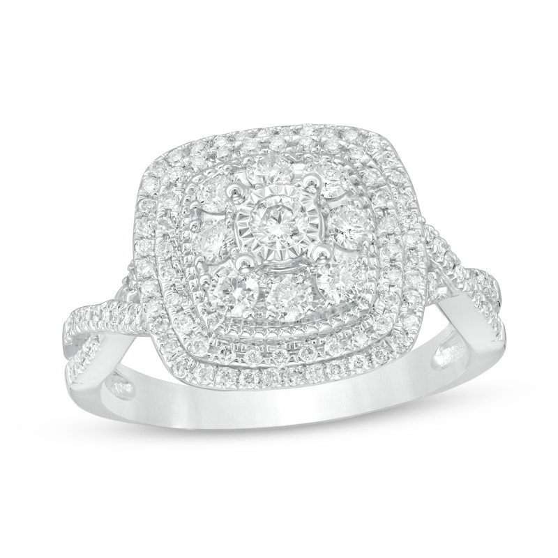 Main Image 1 of Previously Owned - 3/4 CT. T.W. Composite Diamond Frame Twist Vintage-Style Engagement Ring in 14K White Gold