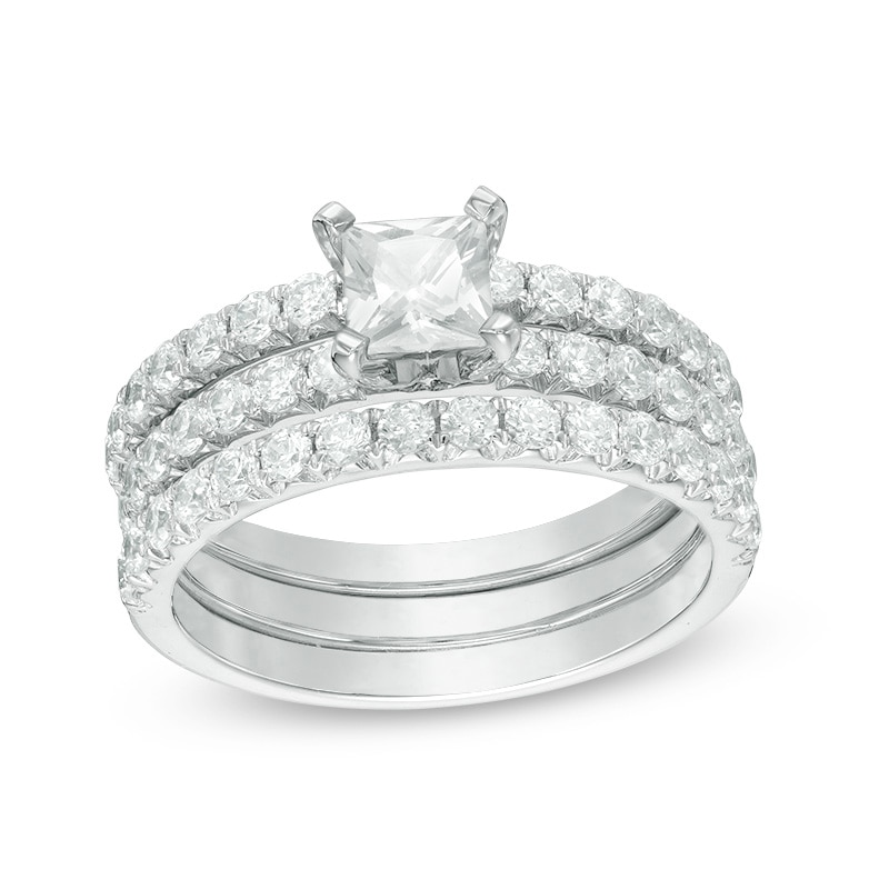 Previously Owned - Celebration Ideal 1-5/8 CT. T.W. Princess-Cut Diamond Three-Piece Bridal Set in 14K White Gold