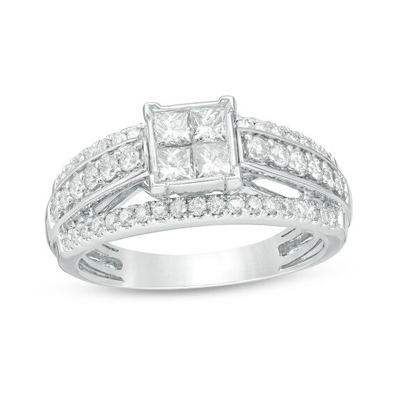 Previously Owned - 1 CT. T.w. Quad Princess-Cut Diamond Three Row Engagement Ring in 14K White Gold
