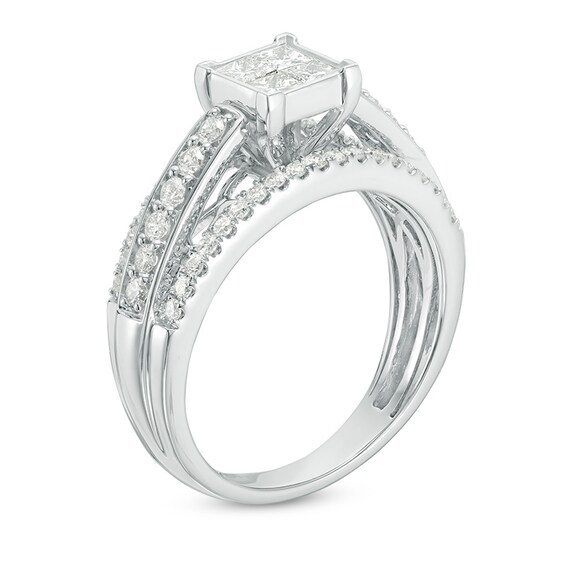 Previously Owned - 1 CT. T.w. Quad Princess-Cut Diamond Three Row Engagement Ring in 14K White Gold