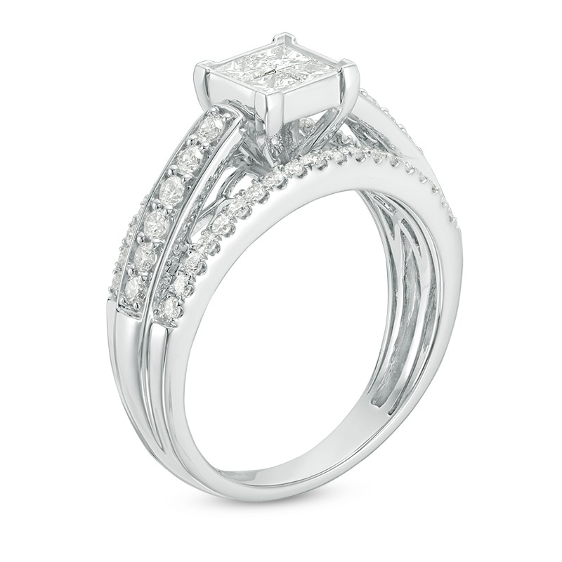 Main Image 2 of Previously Owned - 1 CT. T.W. Quad Princess-Cut Diamond Three Row Engagement Ring in 14K White Gold