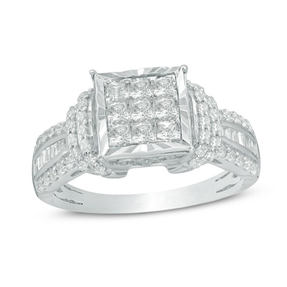 Previously Owned - 1 CT. T.w. Composite Princess-Cut Diamond Collar Engagement Ring in 14K White Gold
