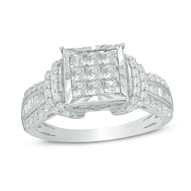 Main Image 1 of Previously Owned - 1 CT. T.W. Composite Princess-Cut Diamond Collar Engagement Ring in 14K White Gold