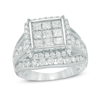 Previously Owned - 3 CT. T.W. Composite Princess-Cut Diamond Three Row Engagement Ring in 14K White Gold