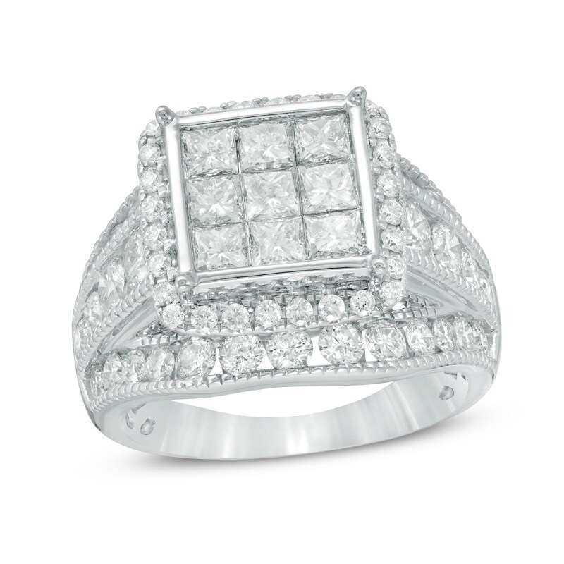 Main Image 1 of Previously Owned - 3 CT. T.W. Composite Princess-Cut Diamond Three Row Engagement Ring in 14K White Gold