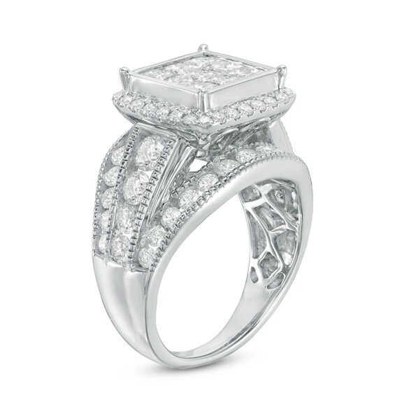 Previously Owned - 3 CT. T.w. Composite Princess-Cut Diamond Three Row Engagement Ring in 14K White Gold