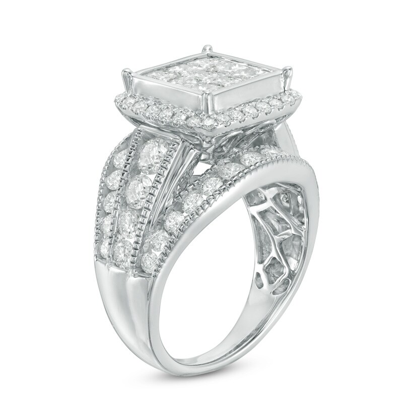 Main Image 2 of Previously Owned - 3 CT. T.W. Composite Princess-Cut Diamond Three Row Engagement Ring in 14K White Gold