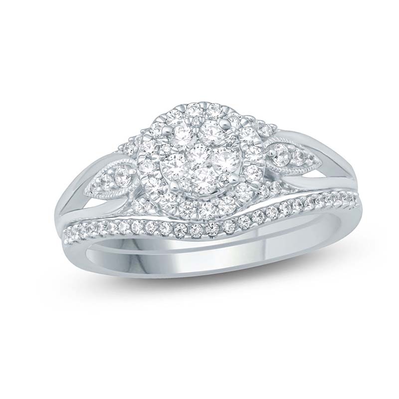 Main Image 1 of Previously Owned - 1/2 CT. T.W. Composite Diamond Flower Frame Petal-Sides Bridal Set in 10K White Gold