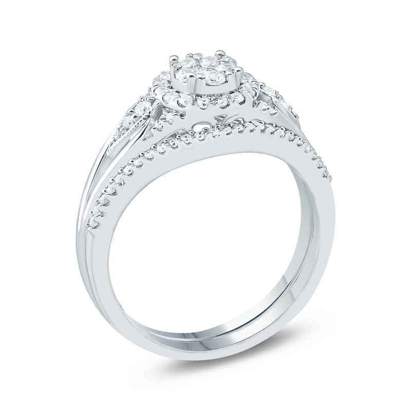 Main Image 2 of Previously Owned - 1/2 CT. T.W. Composite Diamond Flower Frame Petal-Sides Bridal Set in 10K White Gold