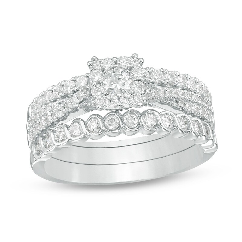 Main Image 1 of Previously Owned - 1 CT. T.W. Diamond Cushion Frame Three Piece Bridal Set in 14K White Gold