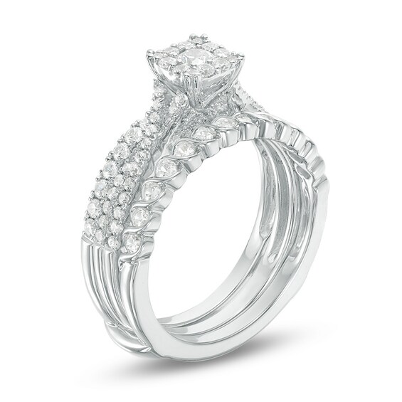 Previously Owned - 1 CT. T.w. Diamond Cushion Frame Three Piece Bridal Set in 14K White Gold