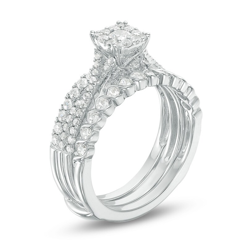 Main Image 2 of Previously Owned - 1 CT. T.W. Diamond Cushion Frame Three Piece Bridal Set in 14K White Gold