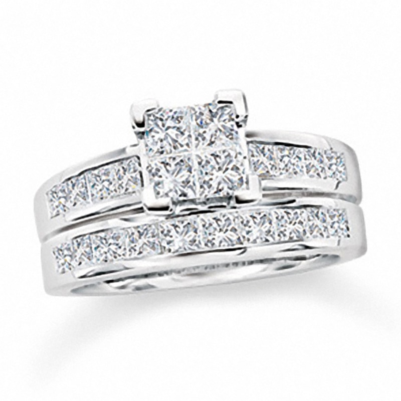 Main Image 1 of Previously Owned 2 CT. T.W. Quad Princess-Cut Diamond Soldered Bridal Set in 14K White Gold