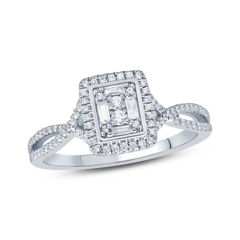 Main Image 1 of Previously Owned - 1/3 CT. T.W. Composite Diamond Rectangle Frame Split Shank Engagement Ring in 10K White Gold