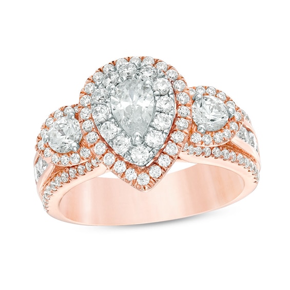 Previously Owned - 2 CT. T.w. Pear-Shaped Diamond Past Present Future® Double Frame Engagement Ring in 14K Rose Gold