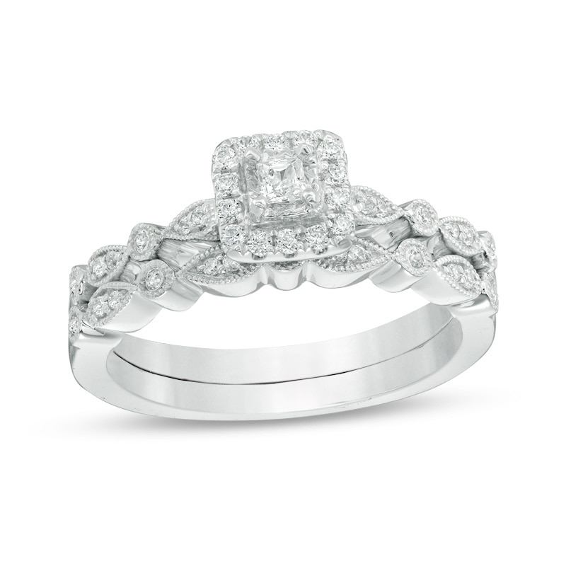 Main Image 1 of Previously Owned - 3/8 CT. T.W. Princess-Cut Diamond Frame Vintage-Style Bridal Set in 10K White Gold