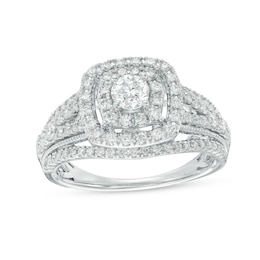 Previously Owned - 1 CT. T.W. Diamond Double Cushion Frame Vintage-Style Engagement Ring in 14K White Gold