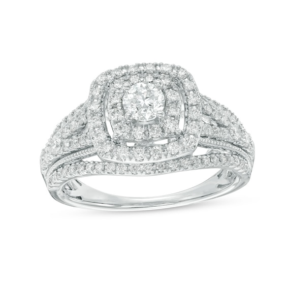 Previously Owned - 1 CT. T.w. Diamond Double Cushion Frame Vintage-Style Engagement Ring in 14K White Gold