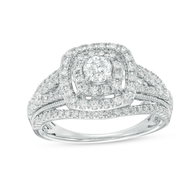 Main Image 1 of Previously Owned - 1 CT. T.W. Diamond Double Cushion Frame Vintage-Style Engagement Ring in 14K White Gold