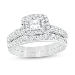 Previously Owned 1 CT. T.W. Princess-Cut Diamond Double Frame Soldered Bridal Set in 14K White Gold