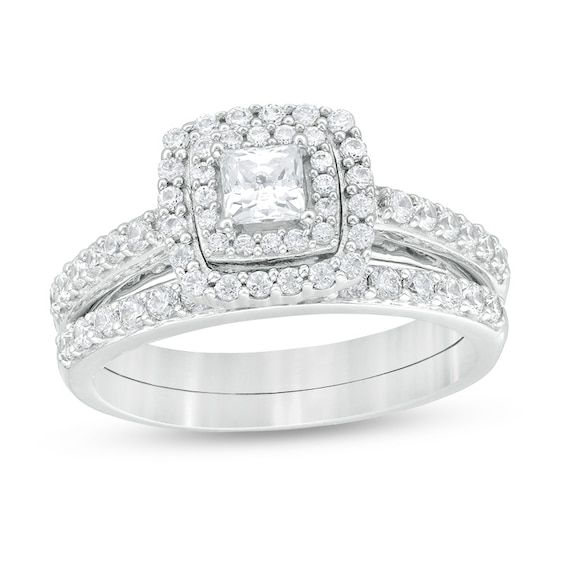 Previously Owned 1 CT. T.w. Princess-Cut Diamond Double Frame Soldered Bridal Set in 14K White Gold