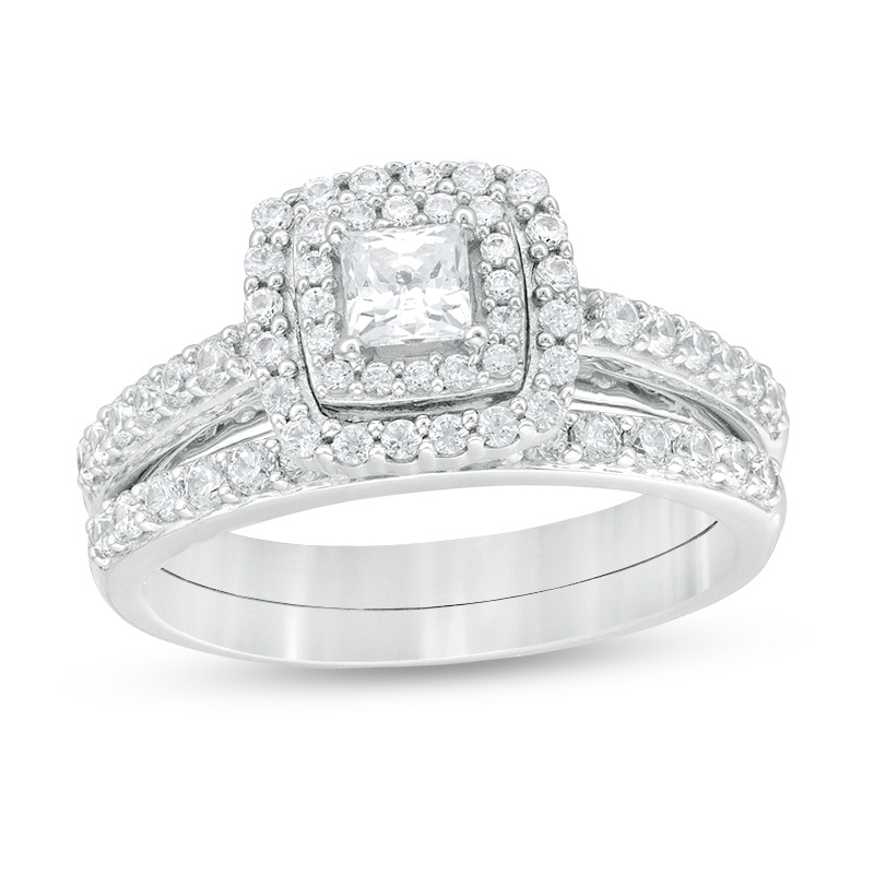 Main Image 1 of Previously Owned 1 CT. T.W. Princess-Cut Diamond Double Frame Soldered Bridal Set in 14K White Gold