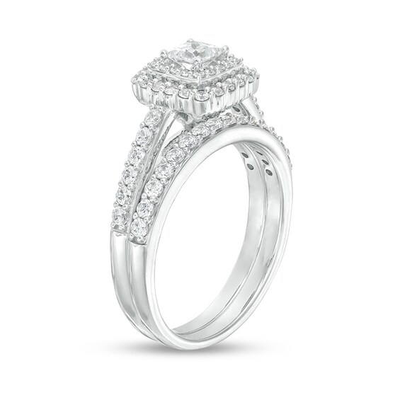 Previously Owned 1 CT. T.w. Princess-Cut Diamond Double Frame Soldered Bridal Set in 14K White Gold