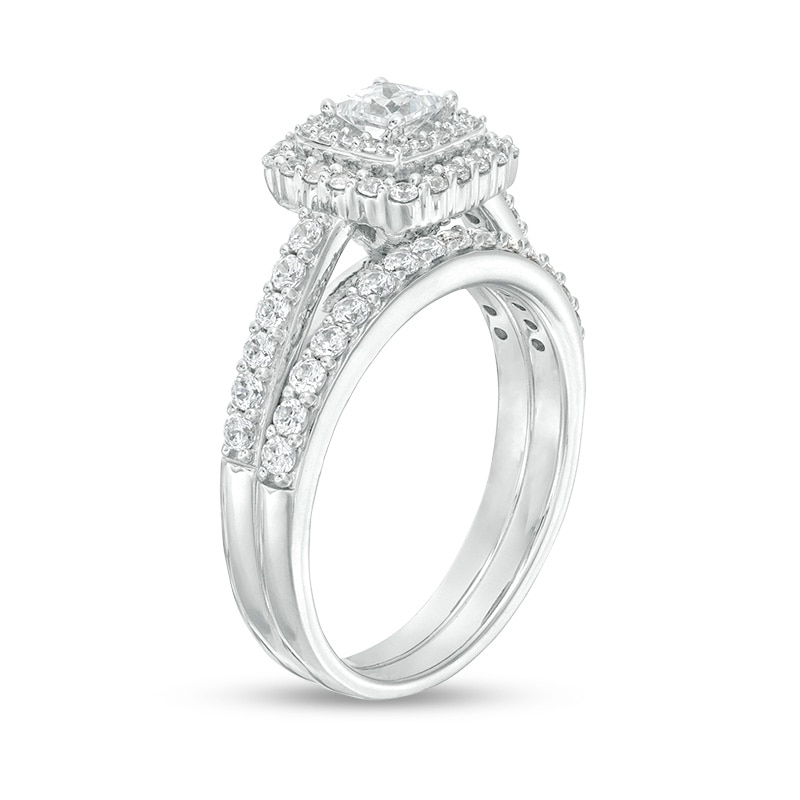 Main Image 2 of Previously Owned 1 CT. T.W. Princess-Cut Diamond Double Frame Soldered Bridal Set in 14K White Gold