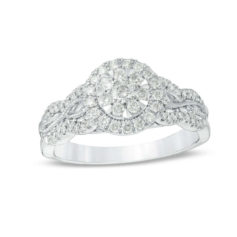 Main Image 1 of Previously Owned - 1/2 CT. T.W. Composite Diamond Frame Twist Vintage-Style Engagement Ring in 10K White Gold