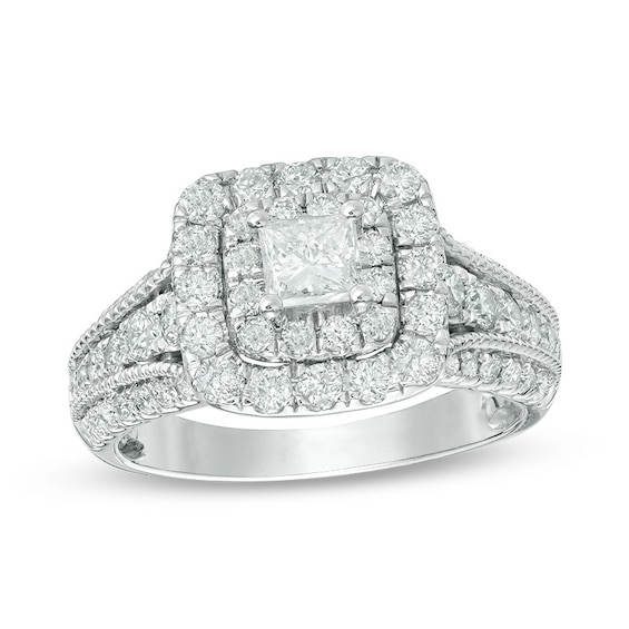Previously Owned - 1-1/2 CT. T.w. Princess-Cut Diamond Double Frame Vintage-Style Engagement Ring in 14K White Gold