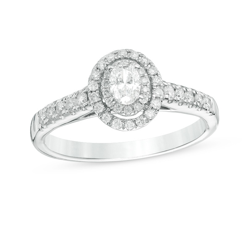 Main Image 1 of Previously Owned - 1/2 CT. T.W. Oval Diamond Double Frame Engagement Ring in 14K White Gold