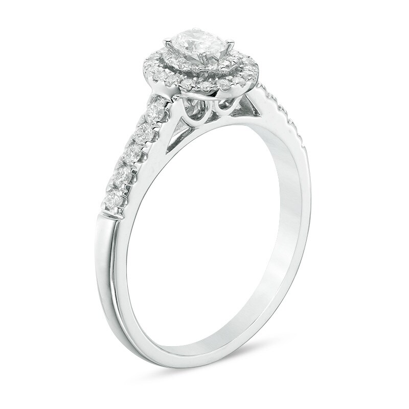Main Image 2 of Previously Owned - 1/2 CT. T.W. Oval Diamond Double Frame Engagement Ring in 14K White Gold