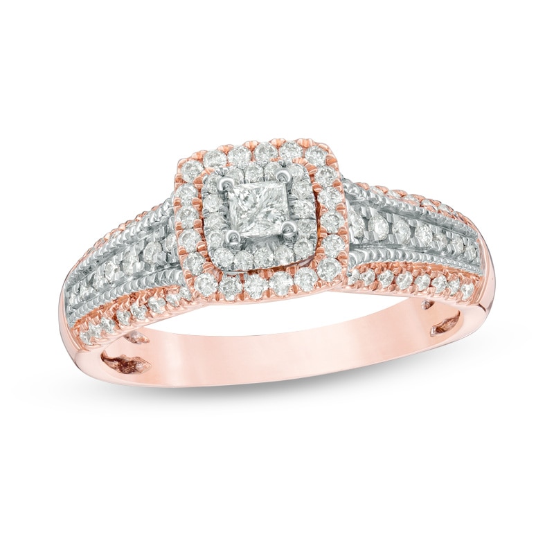 Main Image 1 of Previously Owned - 1/2 CT. T.W. Princess-Cut Diamond Double Frame Engagement Ring in 14K Two-Tone Gold