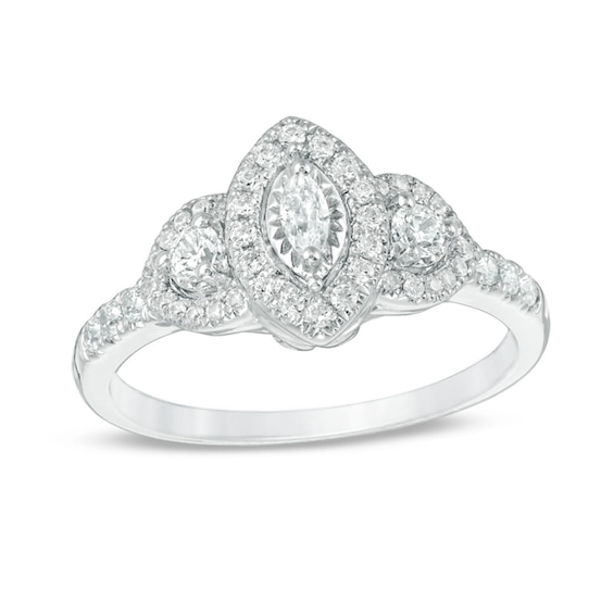 Previously Owned - 1/2 CT. T.w. Marquise Diamond Past Present FutureÂ® Frame Engagement Ring in 14K White Gold