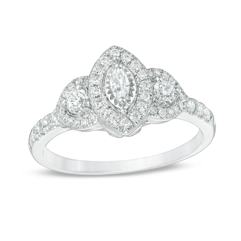 Main Image 1 of Previously Owned - 1/2 CT. T.W. Marquise Diamond Past Present Future® Frame Engagement Ring in 14K White Gold