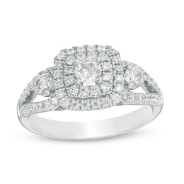Previously Owned - 1 CT. T.W. Diamond Past Present Future® Double Frame Engagement Ring in 14K Two-Tone Gold