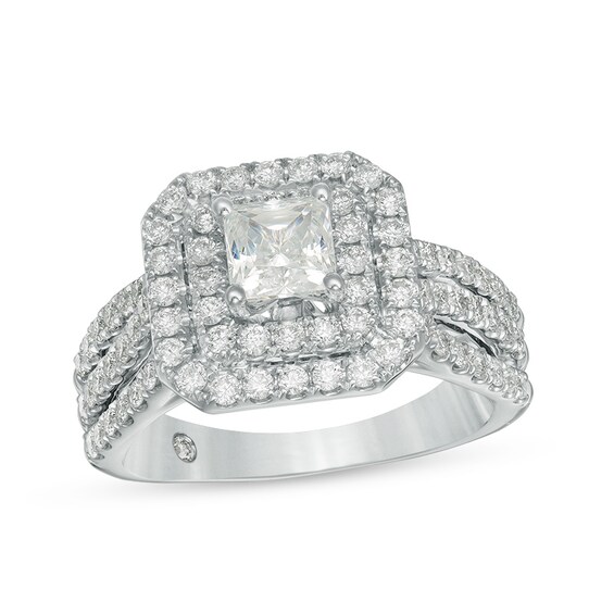 Previously Owned - Celebration Ideal 1-5/8 CT. T.w. Princess-Cut Diamond Double Frame Engagement Ring in 14K White Gold