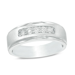 Previously Owned - 1/20 CT. T.W. Diamond Five Stone Satin Wedding Band in 10K White Gold