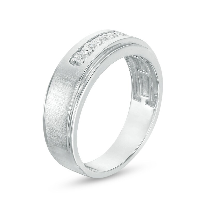 Previously Owned - Men's 1/20 CT. T.W. Diamond Five Stone Satin Wedding Band in 10K White Gold