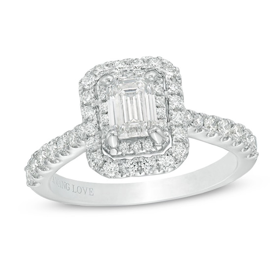 Previously Owned - Vera Wang Love Collection 1-1/3 CT. T.w. Emerald-Cut Diamond Double Frame Engagement Ring in 14K White Gold