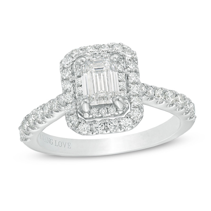 Main Image 1 of Previously Owned - Vera Wang Love Collection 1-1/3 CT. T.W. Emerald-Cut Diamond Double Frame Engagement Ring in 14K White Gold