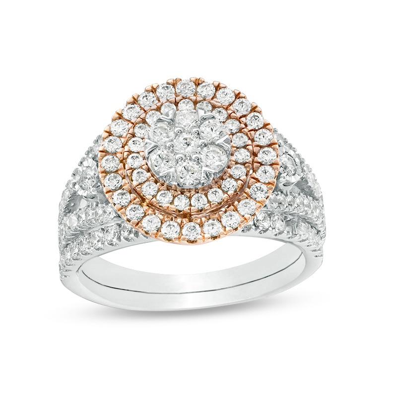 Main Image 1 of Previously Owned - 1-1/5 CT. T.W. Composite Diamond Double Frame Bridal Set in 10K Two-Tone Gold