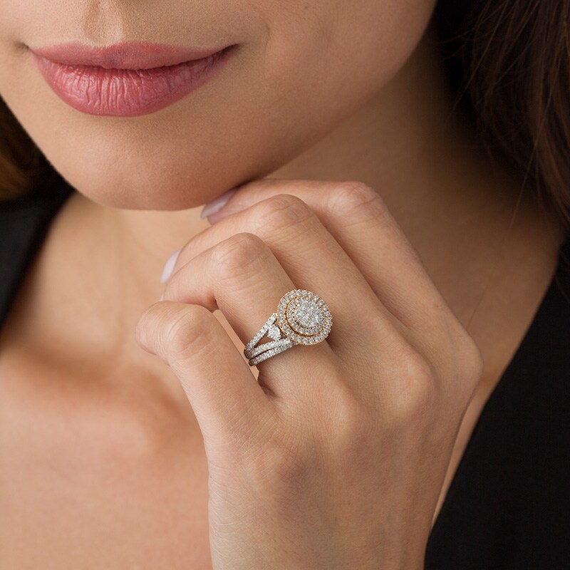 Main Image 3 of Previously Owned - 1-1/5 CT. T.W. Composite Diamond Double Frame Bridal Set in 10K Two-Tone Gold