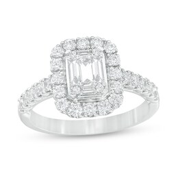 Previously Owned - 1 CT. T.W. Baguette and Round Composite Diamond Cushion Frame Engagement Ring in 14K White Gold