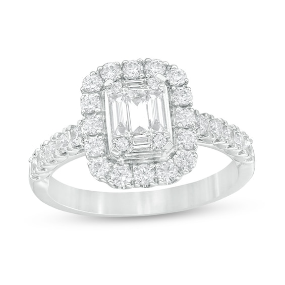 Previously Owned - 1 CT. T.w. Baguette and Round Composite Diamond Cushion Frame Engagement Ring in 14K White Gold