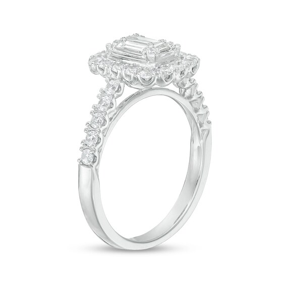 Previously Owned - 1 CT. T.w. Baguette and Round Composite Diamond Cushion Frame Engagement Ring in 14K White Gold