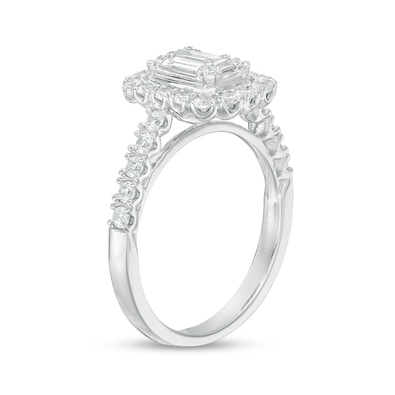 Previously Owned - 1 CT. T.W. Baguette and Round Composite Diamond Cushion Frame Engagement Ring in 14K White Gold